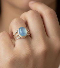 925 Solid Sterling Silver Blue Chalcedony Three Line Ring
