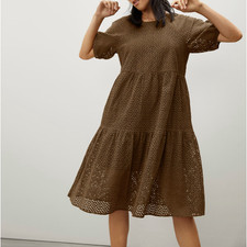 Everlane The Tiered Eyelet Dress XS Midi Cotton Walnut Brown Short Sleeve NWT