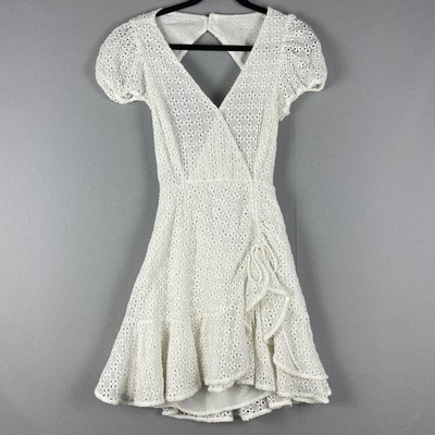 Bardot Nadia Tie Back Mini Eyelet Dress Womens 4 Ivory Ruffle Puff Sleeve  NWT | eBay