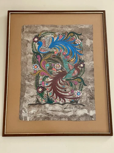 Vintage Mexican folk art painting on amate paper, Signed By Artist