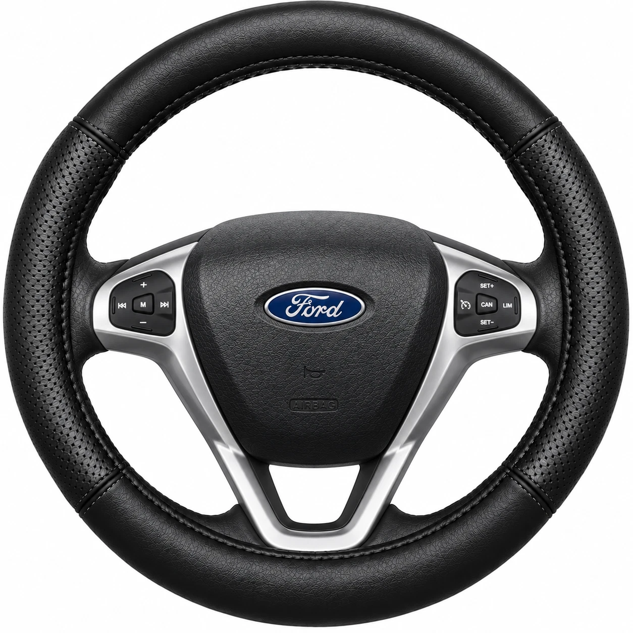 Black genuine leather steering wheel cover for Ford Fiesta WS WT WZ 2009 to 2018