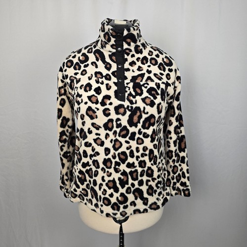 BKE 1/4 Snap Sweatshirt Women's S Cream Brown Cheetah Leopard Fleece