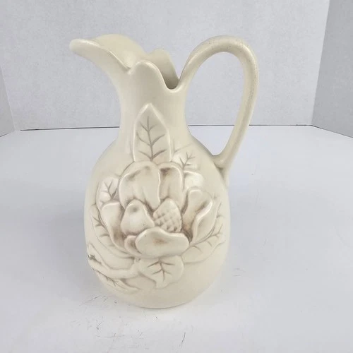Red Wing Pottery Vase Pitcher w/ Magnolia vase flower Ivory 1012 Vintage MCM