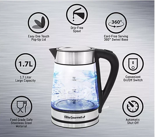 Hervidor de agua Elite Platinum inalámbrico de vidrio de 1,7 L, acero inoxidable Foto 2 de 4