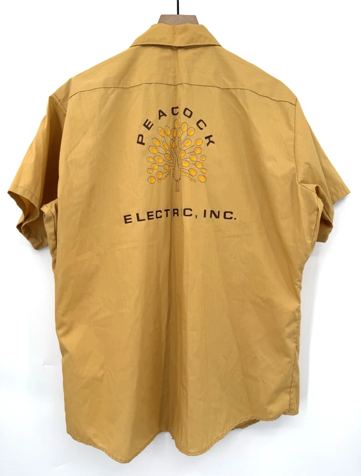 复古 60 年代 70 年代制服工作服衬衫男式大号黄色链针美国制造 — 第 4/4 张图片