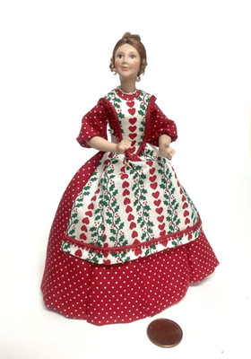 JANE SPAIN DOLLHOUSE MINIATURE PORCELAIN LADY DOLL  IN A RED DRESS WITH AN APRON