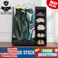 Wooden Golf Bag Organizer Rack Rolling Garage Storage Stand Holds 2 Bags Wheels