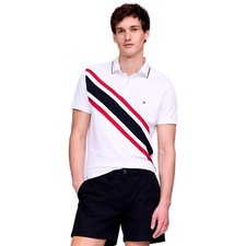 Tommy Hilfiger Regular Fit Men's White Diagonal Banner Stripe Polo Shirt Size L