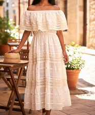 Unbranded Handmade Boho-Style Midi Dress Beige With Lace and Ribbon Detail