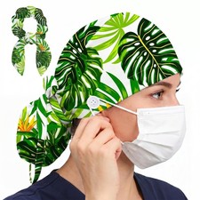 Womens Scrub Caps Bouffant Surgical Hat Sweatband Buttons Ponytail Holder