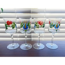 Vintage Set of 4 Hand Painted Folk Art Wine Glasses/Water Goblets - Dutch Style
