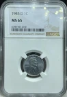 1943-D 1C  Lincoln Wheat One Cent NGC MS65