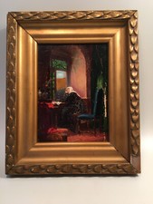 Kleines Ölgemälde auf Holz /  Nonne am Fenster / Klosterstube  um 1900