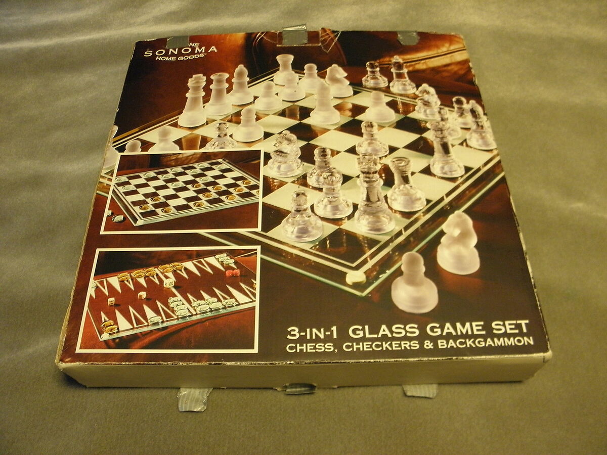 Genuine Sonoma 3 in 1 Glass Game Set Chess Checkers & Backgammon NIB