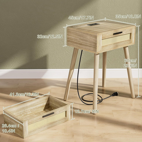 Rattan Nightstand, Night Stands with Charging Station & Modern Decor Drawer, Bed - Picture 3 of 8