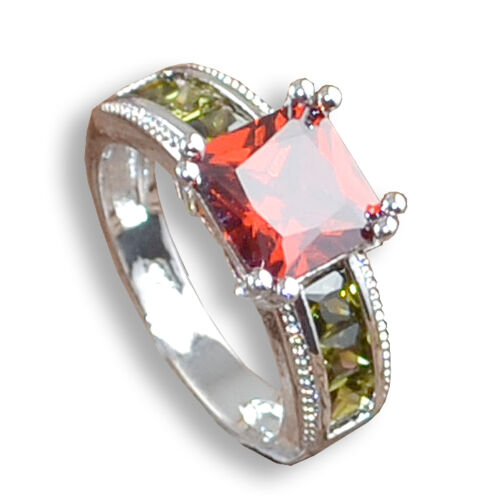 New 925 Sterling Silver Plate Princess Cut Red Solitaire w/Lt Green Topaz Acc-9* - Picture 1 of 2