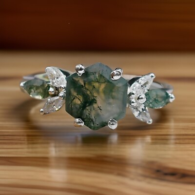Hexagon Cut Moss Agate Ring 925 Sterling Silver Statement  Ring Bridal Ring