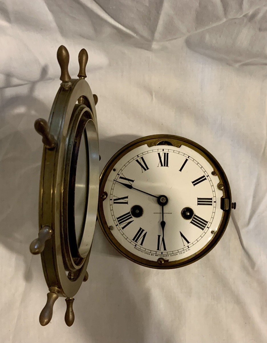 Antique Waterbury Jeweled Ship Wheel Brass Clock Porcelain Dial