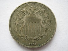 United States 1867 Shield nickel 5 Cents without rays GF