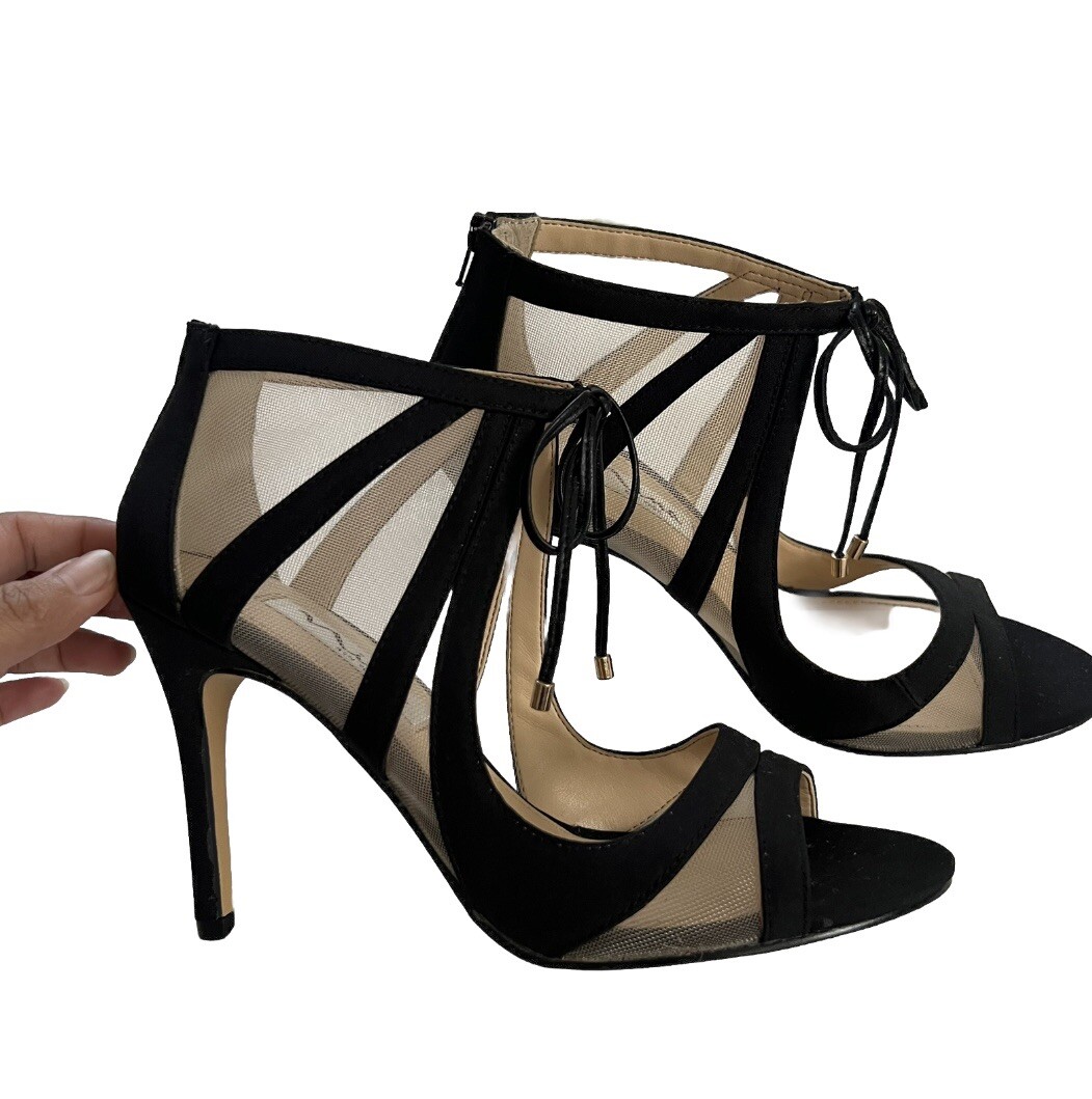 NINA Cherie Black Mesh  Open Toe Heels Sz 6.5 Stilettos with Tie Laced Infront