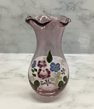 VINTAGE FENTON 8'' HAND PAINTED BLOWN GLASS VASE PURPLE MULTICOLOR FLOWERS