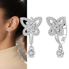 PANDACH Sterling Silver Dainty Crystals Butterfly Dangle Hoop Earrings For Women