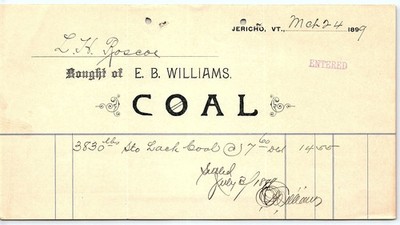 1899 Jericho VT E.B. Williams Coal Billhead, L.H. Roscoe