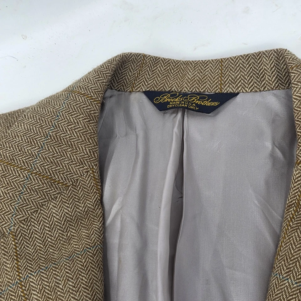 Brook Brothers 100% 羊绒西装外套 44R 棕色人字形男式旗帜 — 第 4/4 张图片