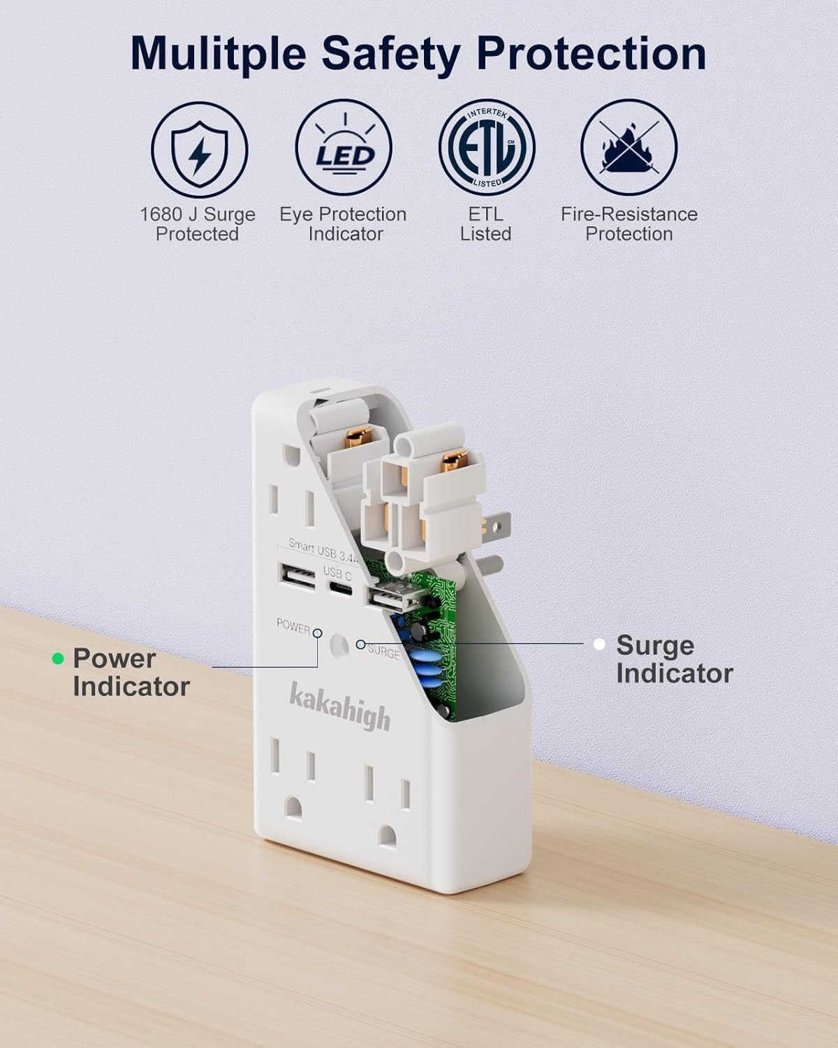 Wall Outlet Extender with Screw, 8 Way Outlets 1680J Surge White 
