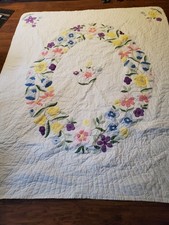 Vintage Handmade Appliqued Floral Cotton Quilt 72" X 90"