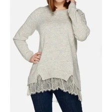 Logo by Lori Goldstein Crew Neck Tunic Feminine Sweater w/ Lace Hem Womens 2XS