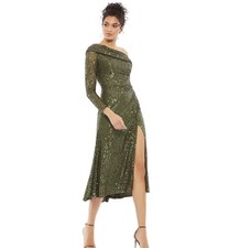 MAC DUGGAL Size 2 Olive Green 26551 SEQUIN ONE-SHOULDER LONG SLEEVE MIDI DRESS