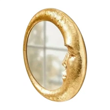 Gold Crescent Moon Face Resin Mirror Wall Hanging 8” Celestial Decor