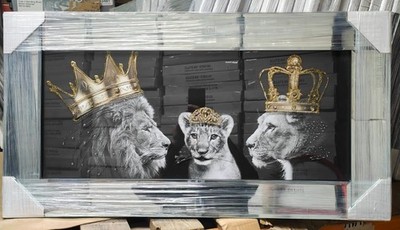 LÖWE FAMILIE BILD LIQUID ART CHROM RAHMEN KÖNIG KÖNIGIN UND 1 PRINZESSIN 85x45cm