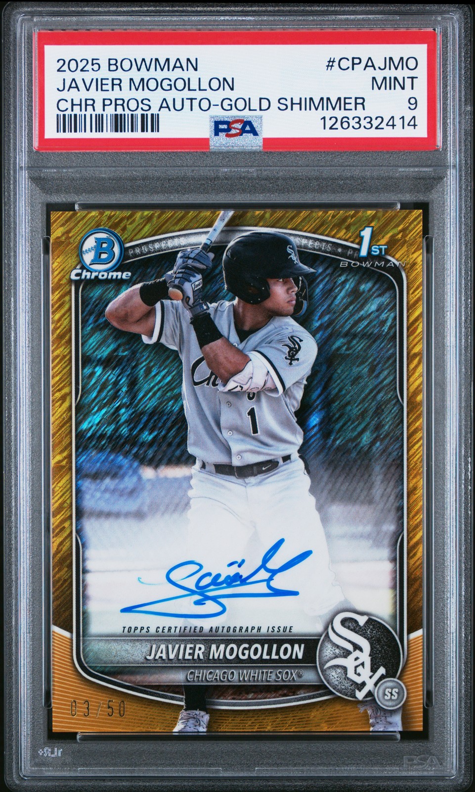 2025 BOWMAN CHROME PRSPCT AUTOS GOLD SHIMMER #CPAJMO JAVIER MOGOLLON 3/50 PSA 9