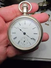 Large Antique Open Face Coin Silver Elgin Pocket Watch Runs Well. Top Falls Off