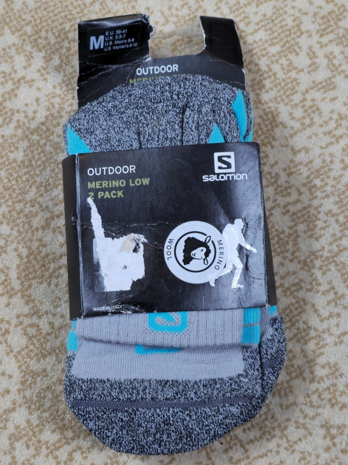 Salomon Outdoor Merino Low 2-Pack Socks – Grey/Blue, Size M (UK 5.5–7)