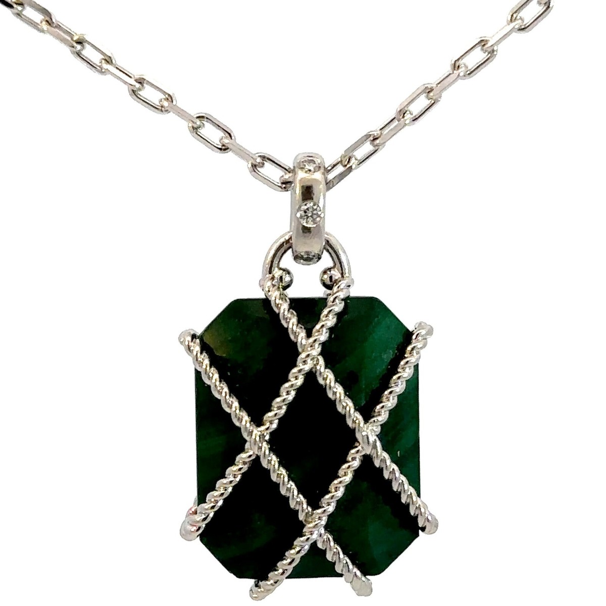 Petronia Collection Platinum Malachite Diamond Pendant Necklace 16