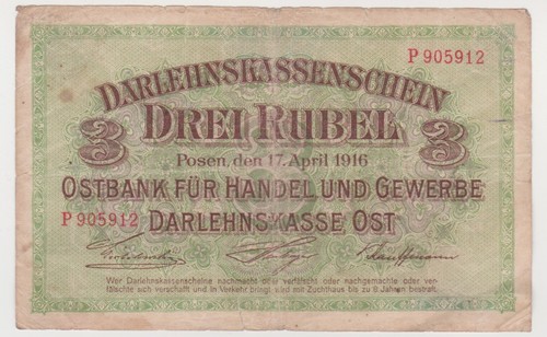Germany Latvia Lithuania Poland, 3 RUBLES Rubel 1916 P-R123 POSEN, Low grade