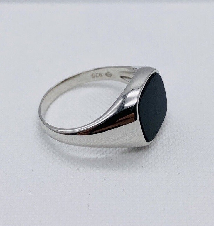 925 Sterling Silver Onyx Square Signet Ring Brand New G to Z