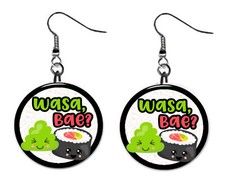 SUSHI "WASA Bae" Button Earrings Novelty Jewelry 1" Dangle Novelty MADE IN USA