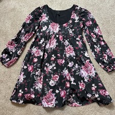 Black Dress, Red Multi Color Floral Print, Lantern Sleeves, Knee Length, S
