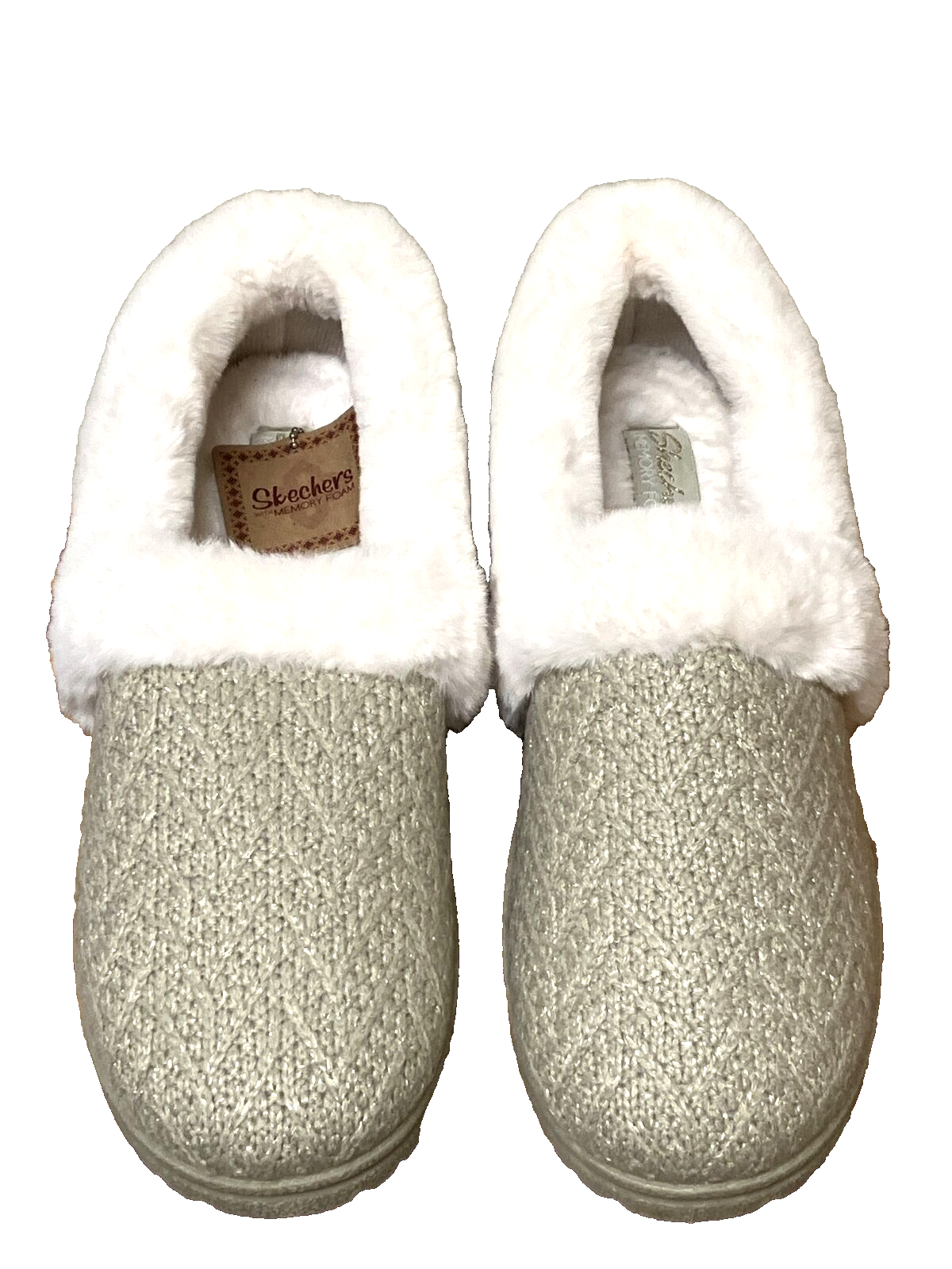 PANTOFOLA D’ORO Pantofole slip on nuove con etichette Skechers memory foam finiture in pelliccia sintetica oro argento taglia 11