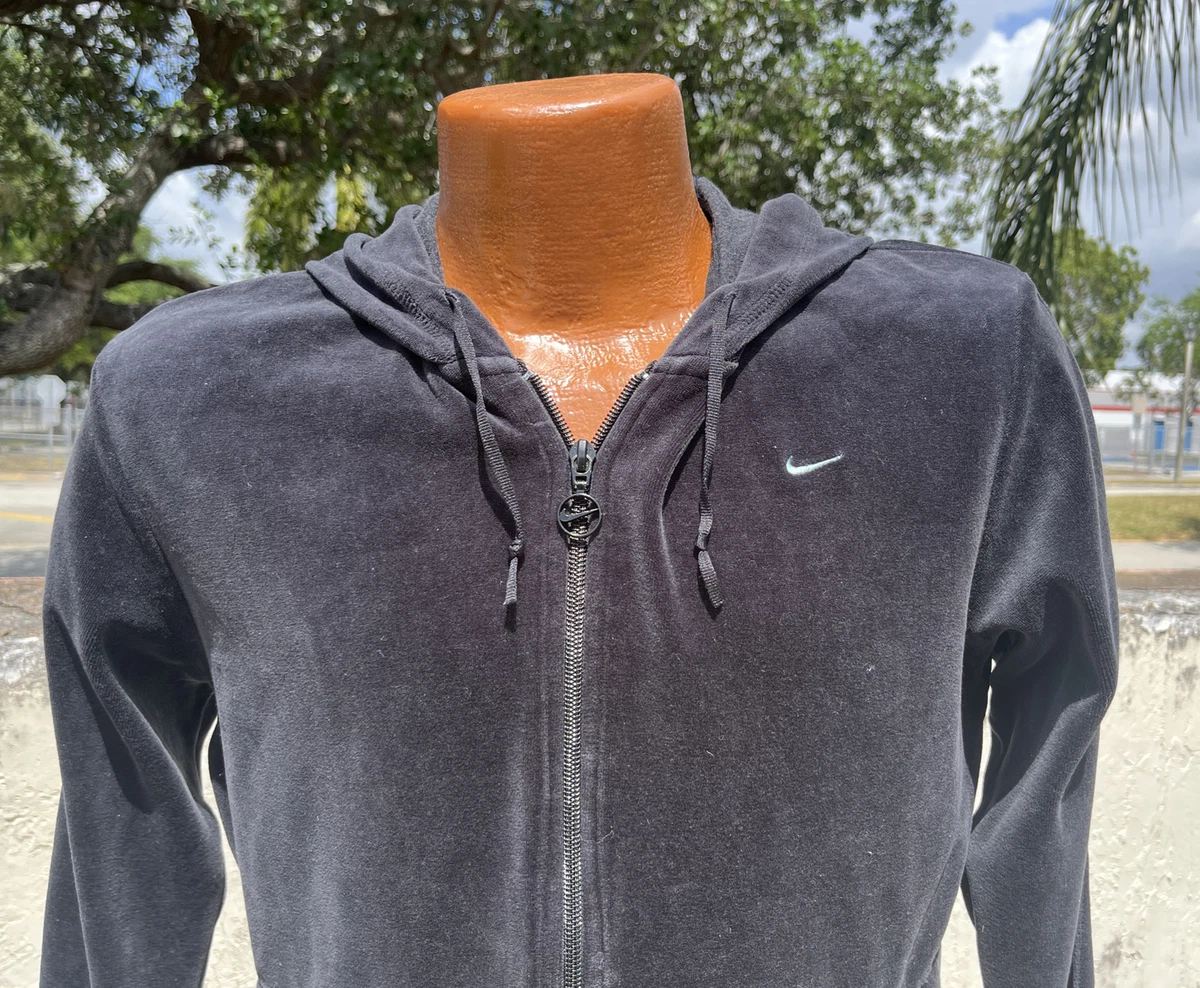 Vintage Nike Black Velour Mini Swoosh Full Zip Hoodie Jacket Youth L Y2K