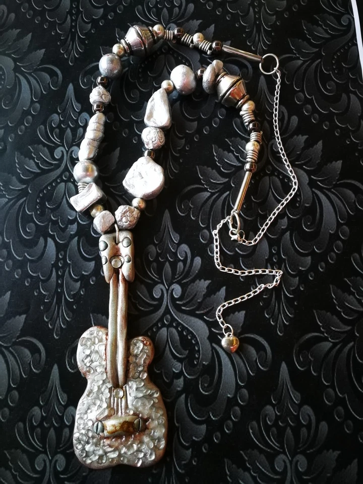 Colgante de Plata Hip Hop Música Guitarra Collar Joyería Rapero Cadena Cuentas Rap Trampa Foto 2 de 4