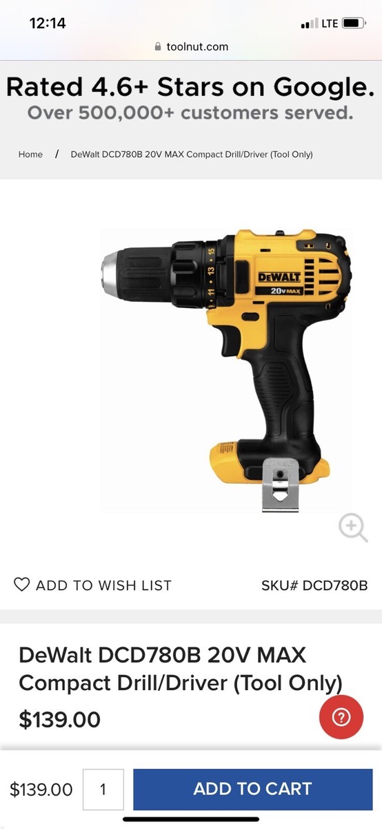 DEWALT DCD780 20V Max 1/2 Cordless Drill Driver Tool Only