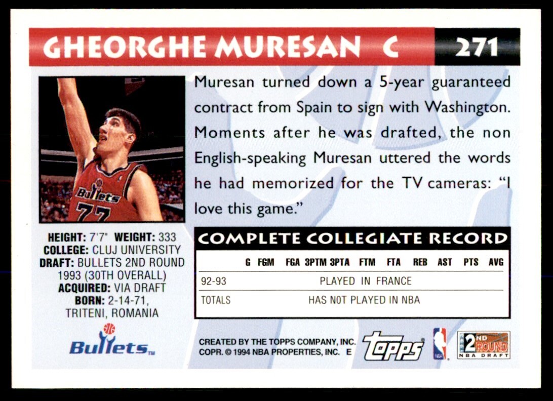 1994-95 Classic Draft Gheorghe Muresan Rookie Washington Bullets