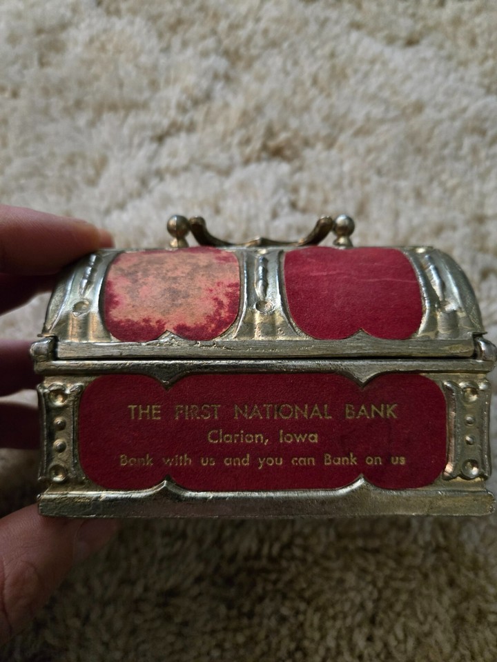 Vintage Metal Treasure Chest Coin Bank with The First National Bank