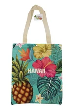 Hawaiian Canvas Reusable Tote Bag - 17" x 14", Pineapple, Hibiscus, Plumeria