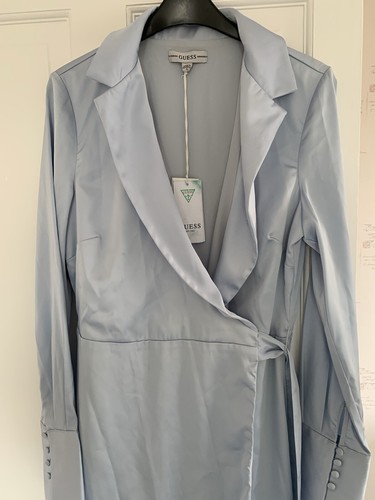 Guess Women’s Blue Eco Adair Long sleeve Satin Tie Belt Wrap Dress, Size S, UK 8 - Picture 7 of 9